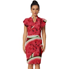 Watermelon Fruit Green Red Vintage Frill Sleeve V-neck Bodycon Dress by Bedest