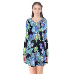 Chromatic Creatures Dance Wacky Pattern Long Sleeve V-neck Flare Dress by dflcprintsclothing