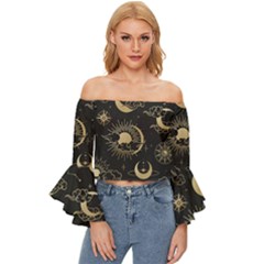 Star Colorful Christmas Abstract Off Shoulder Flutter Bell Sleeve Top