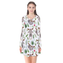 Seamless Pattern With Cute Sloths Long Sleeve V-neck Flare Dress by Ndabl3x