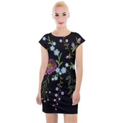 Embroidery Trend Floral Pattern Small Branches Herb Rose Cap Sleeve Bodycon Dress by Ndabl3x