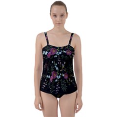 Embroidery Trend Floral Pattern Small Branches Herb Rose Twist Front Tankini Set by Ndabl3x