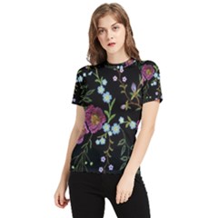 Embroidery Trend Floral Pattern Small Branches Herb Rose Women s Short Sleeve Rash Guard by Ndabl3x