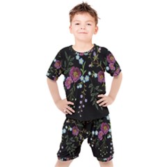Embroidery Trend Floral Pattern Small Branches Herb Rose Kids  T-shirt And Shorts Set by Ndabl3x