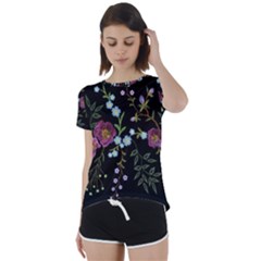 Embroidery Trend Floral Pattern Small Branches Herb Rose Short Sleeve Open Back T-shirt by Ndabl3x