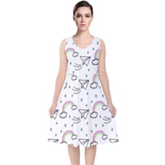 Cute Art Print Pattern V-neck Midi Sleeveless Dress 