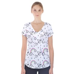 Cute Art Print Pattern Short Sleeve Front Detail Top