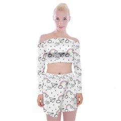 Cute Art Print Pattern Off Shoulder Top With Mini Skirt Set