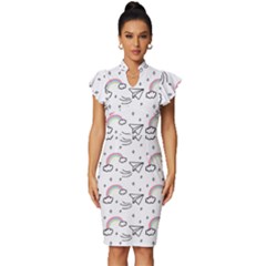 Cute Art Print Pattern Vintage Frill Sleeve V-neck Bodycon Dress