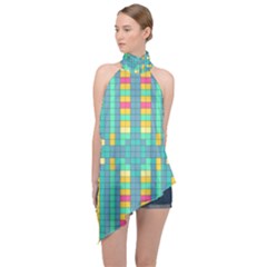 Checkerboard Squares Abstract Art Halter Asymmetric Satin Top