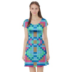 Checkerboard Square Abstract Short Sleeve Skater Dress