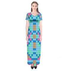 Checkerboard Square Abstract Short Sleeve Maxi Dress