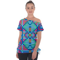 Checkerboard Square Abstract Off Shoulder Tie-Up T-Shirt