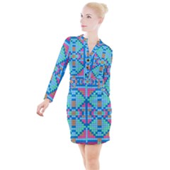 Checkerboard Square Abstract Button Long Sleeve Dress