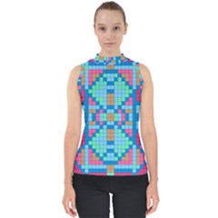 Checkerboard Square Abstract Mock Neck Shell Top