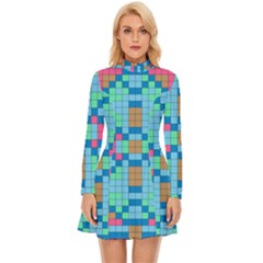 Checkerboard Square Abstract Long Sleeve Velour Longline Dress