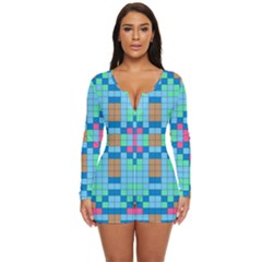 Checkerboard Square Abstract Long Sleeve Boyleg Swimsuit