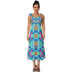 Checkerboard Square Abstract Tie-Strap Tiered Midi Chiffon Dress