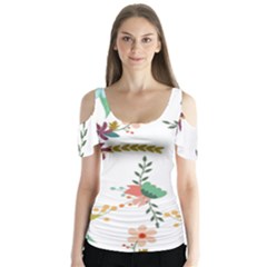 Floral Backdrop Pattern Flower Butterfly Sleeve Cutout T-shirt 