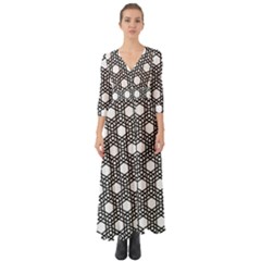 Geometric Floral Curved Shape Motif Button Up Boho Maxi Dress