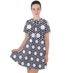 Geometric Floral Curved Shape Motif Short Sleeve Shoulder Cut Out Dress 