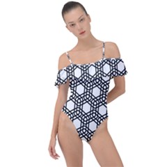 Geometric Floral Curved Shape Motif Frill Detail One Piece Swimsuit