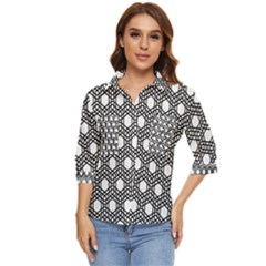 Geometric Floral Curved Shape Motif Women s Quarter Sleeve Pocket Shirt