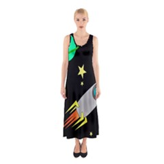 Planet Rocket Space Stars Sleeveless Maxi Dress