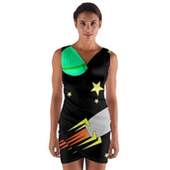 Planet Rocket Space Stars Wrap Front Bodycon Dress