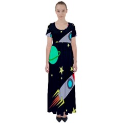 Planet Rocket Space Stars High Waist Short Sleeve Maxi Dress