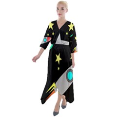 Planet Rocket Space Stars Quarter Sleeve Wrap Front Maxi Dress by Ravend