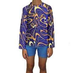 Squiggly Lines Blue Ombre Kids  Long Sleeve Swimwear by Ravend