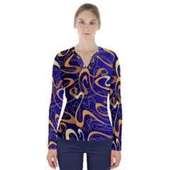 Squiggly Lines Blue Ombre V-neck Long Sleeve Top