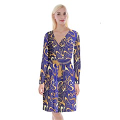 Squiggly Lines Blue Ombre Long Sleeve Velvet Front Wrap Dress by Ravend