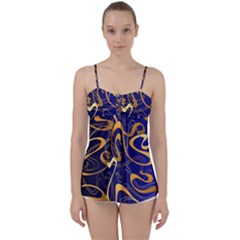 Squiggly Lines Blue Ombre Babydoll Tankini Top by Ravend