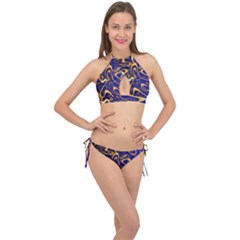 Squiggly Lines Blue Ombre Cross Front Halter Bikini Set by Ravend