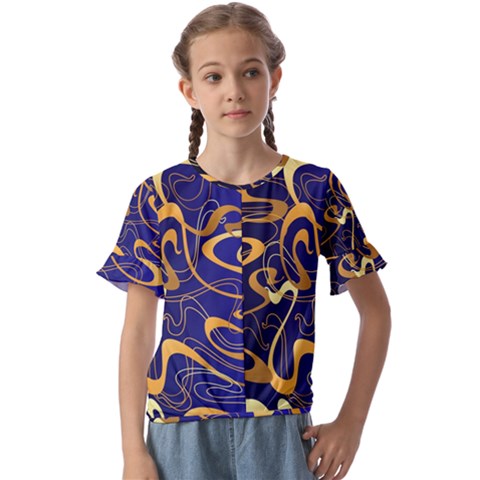 Squiggly Lines Blue Ombre Kids  Cuff Sleeve Scrunch Bottom T-shirt by Ravend