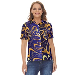 Squiggly Lines Blue Ombre Women s Short Sleeve Double Pocket Shirt