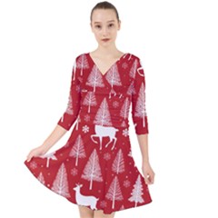 Christmas Tree Deer Pattern Red Quarter Sleeve Front Wrap Dress