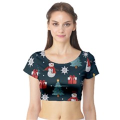 Snowmen Christmas Trees Short Sleeve Crop Top