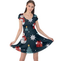 Snowmen Christmas Trees Cap Sleeve Dress