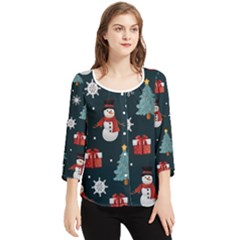 Snowmen Christmas Trees Chiffon Quarter Sleeve Blouse