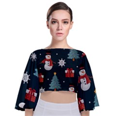 Snowmen Christmas Trees Tie Back Butterfly Sleeve Chiffon Top