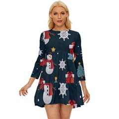 Snowmen Christmas Trees Long Sleeve Babydoll Dress