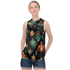 Christmas Ornaments Pattern High Neck Satin Top