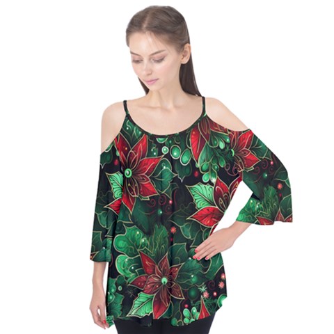 Flower Floral Pattern Christmas Flutter Sleeve T-shirt  by Ravend