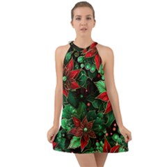 Flower Floral Pattern Christmas Halter Tie Back Chiffon Dress