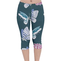 Butterfly Pattern Dead Death Rose Velvet Capri Leggings  by Ravend