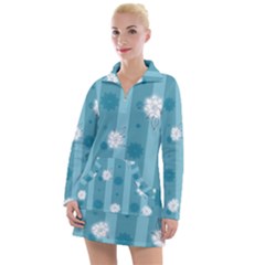 Gardenia Flowers White Blue Women s Long Sleeve Casual Dress