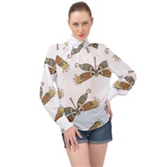 Pattern Dragonfly Background High Neck Long Sleeve Chiffon Top